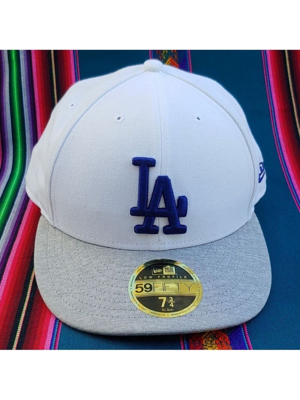 New Era Dodgers 59FIFTY Low Profile 7 3/4 Baseball Cap White Gray and Blue Logo